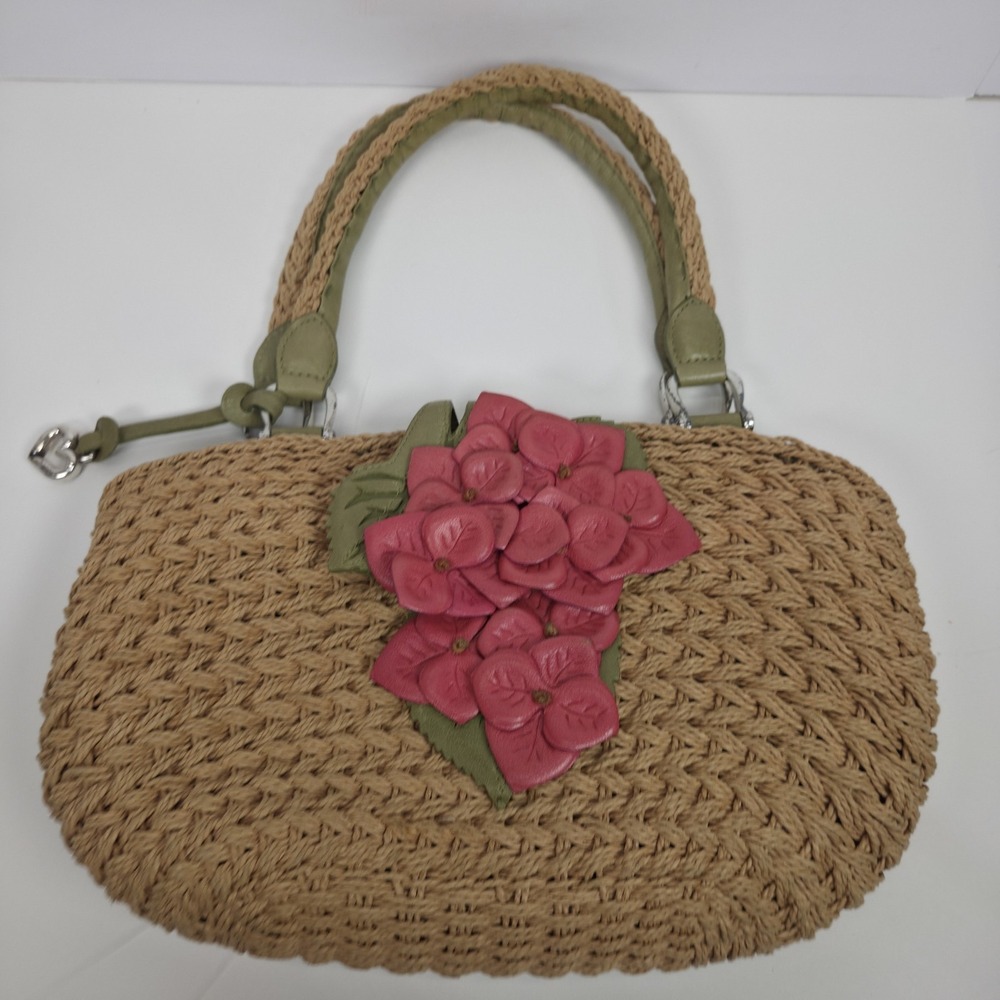 Brighton Shoulder Bag Tan Wicker Pink Leather Flower Accent Top Carry Handles - Picture 8 of 16